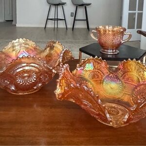 Vintage Marigold Carnival Glass 3pc Ruffled diamond Bowls &Sugar Dish Iridescent